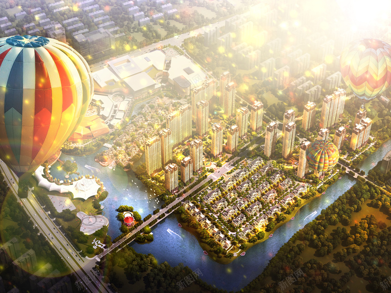 梦幻城市鸟瞰背景模板jpg设计背景_88icon https://88icon.com 热气球 建筑 房子 梦幻 河流 鸟瞰城市海报