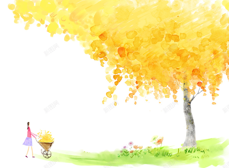 黄色手绘树木背景psd设计背景_88icon https://88icon.com 女孩 手绘 树木 秋天 黄色 草地 水彩 白色 卡通 童趣