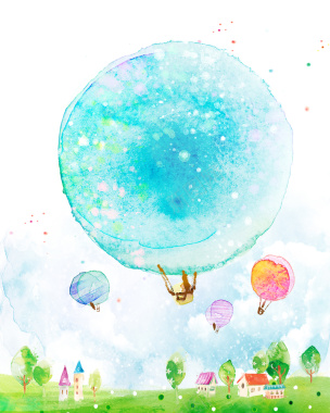 手绘蓝色热气球背景背景