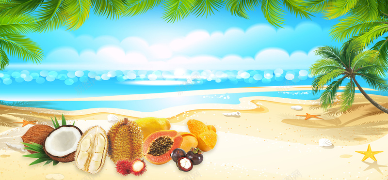 海边热带水果渐变蓝天背景背景