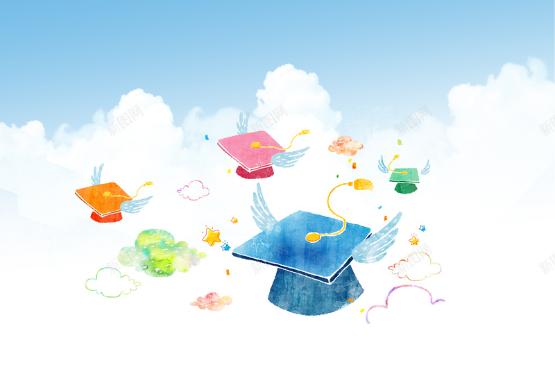 手绘水彩天使博士帽印刷背景psd设计背景_88icon https://88icon.com 手绘 水彩 天使 博士帽 云朵 印刷背景 卡通 童趣