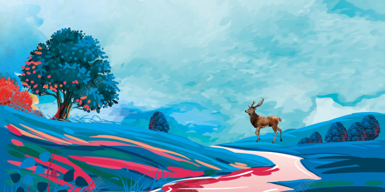 蓝色手绘水彩乡村旅游节气海报背景