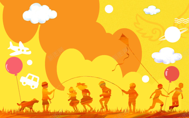 彩色喜庆六一儿童剪影风筝扁平背景素材背景