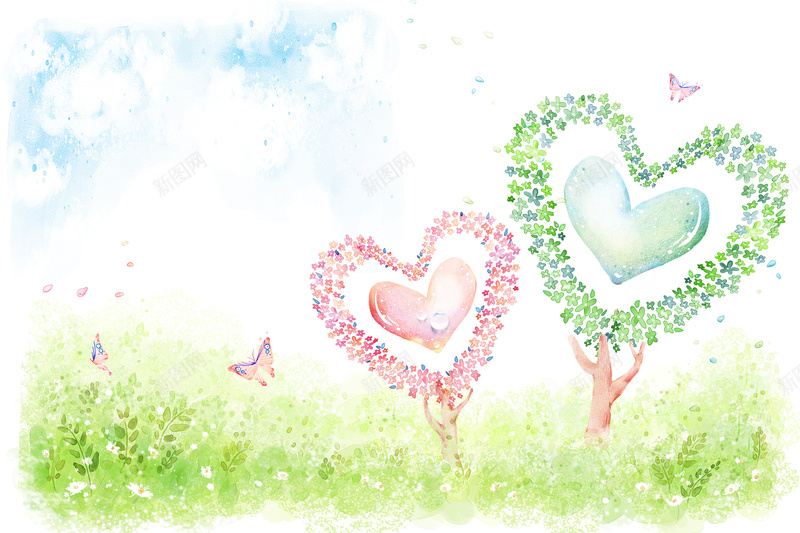 手绘绿色爱心树背景psd设计背景_88icon https://88icon.com 爱心树 手绘 植物 花草 蓝天 蝴蝶 水彩 卡通 童趣