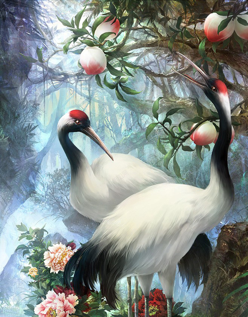 丹顶鹤与桃子H5背景素材jpg设计背景_88icon https://88icon.com 丹顶鹤 树叶 树林 树枝 桃子 森林
