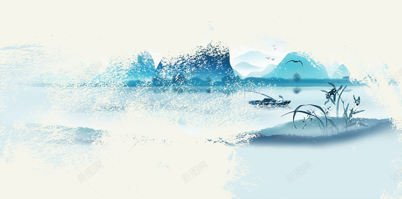 中国风水墨山水蓝色H5背景素材psd设计背景_88icon https://88icon.com 中国风 水墨 山水 蓝色 墨圈 H5背景 墨迹 鱼 大气
