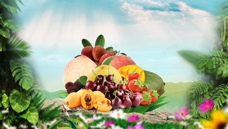 创意新鲜水果春色焕新宣传海报背景素材psd设计背景_88icon https://88icon.com 水果海报 缤纷水果 原生态 天空 绿叶 环境生长 创意海报 春色焕新 营养丰富 广告设计 海报背景 开心
