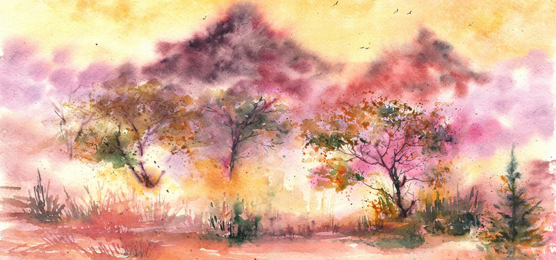 水彩手绘粉红桃花林背景