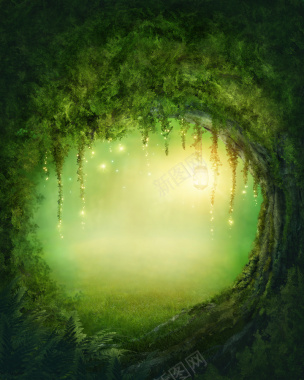 绿色梦幻树洞背景背景