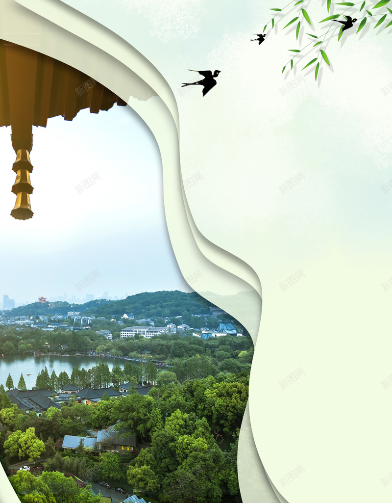 杭州西湖旅游海报psd设计背景_88icon https://88icon.com 最美杭州 杭州旅行 杭州西湖 杭州风景 燕子 杭州景观 杭州之旅 树叶 叠加效果