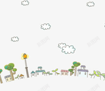 白云云朵小树房子卡通背景素材背景