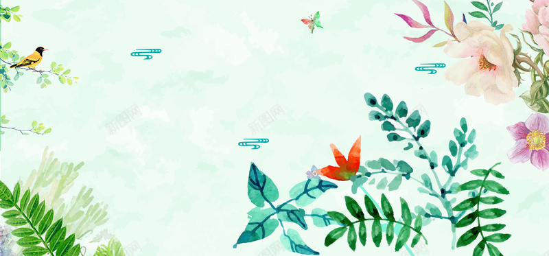 春季上新手绘水彩绿叶绿bannerpsd设计背景_88icon https://88icon.com 春季上新 促销 上新 电商 淘宝 京东 几何 拼接 素材 广告 设计 背景 春天 花朵 绿叶 手绘