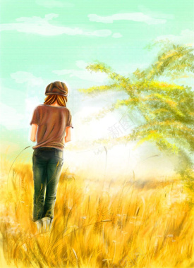 水彩手绘金黄麦田少女背景背景