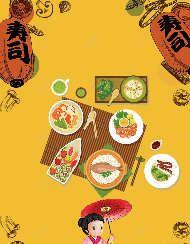 日式矢量图美食海报素材psd设计背景_88icon https://88icon.com 517吃货节 日式 食品节 扁平化 吃货的世界 美食节 寿司 吃货主题