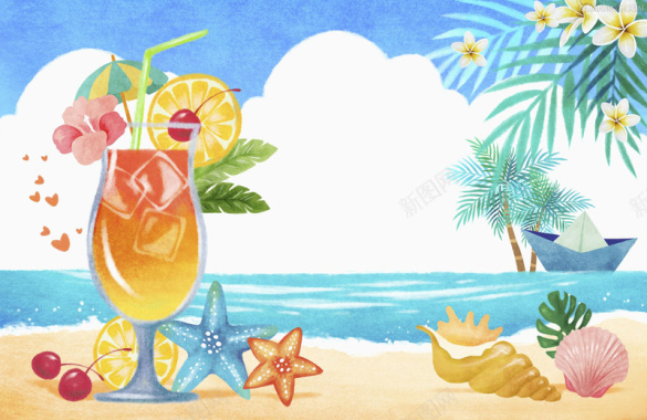 手绘夏日海滩鲜榨果汁平面广告背景