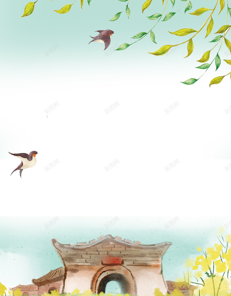 插画风油菜花节宣传海报jpg设计背景_88icon https://88icon.com 春季旅游 油菜花节 田园风光 赏油菜花 踏青 春季 花节 叶子 房子 鸟