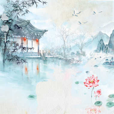 中国风水彩风景画蓝色湖面湖心亭荷花盛开背景