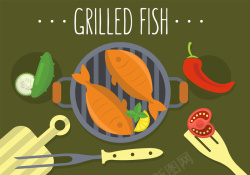 BBQ食材可爱儿童画风格烤鱼海报手绘背景素材高清图片
