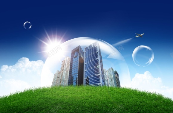 球形草地上透明气泡笼罩的现代城市图片背景