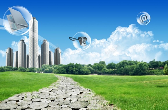现代城市公园草地上透明球体飞舞图片背景