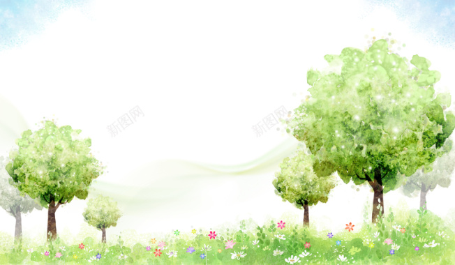 手绘蓝天绿树背景背景