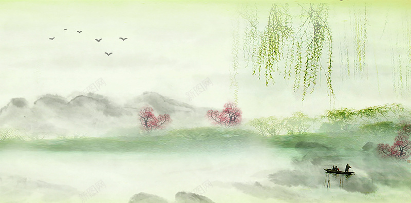 中国风水墨山水风景背景素材jpg设计背景_88icon https://88icon.com 中国风背景 山水背景 水墨背景 中国风 水墨 水墨山水 柳树 湖泊 船泊