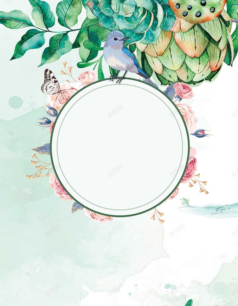 唯美手绘花鸟多肉蝴蝶绿色水彩背景图jpg设计背景_88icon https://88icon.com 水彩 绿色 蝴蝶 花鸟 多肉 手绘 花朵 小清新 圆形 空灵 背景图