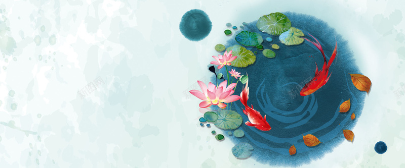 夏季手绘池塘蓝色海报背景背景