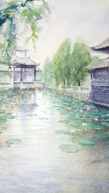 中国风手绘水彩江南H5背景背景