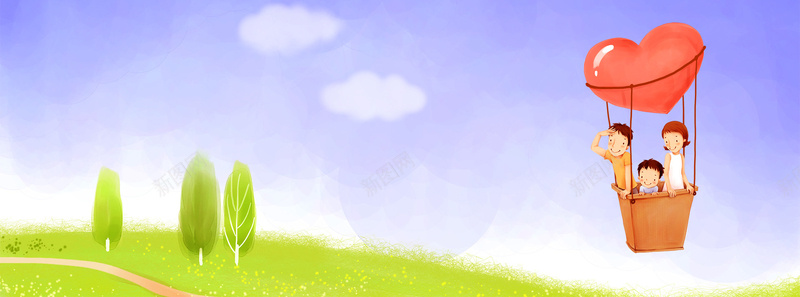 卡通家庭爱心热气球背景jpg设计背景_88icon https://88icon.com 热气球 卡通 天空 家庭 爱心 树木 海报banner 童趣 手绘