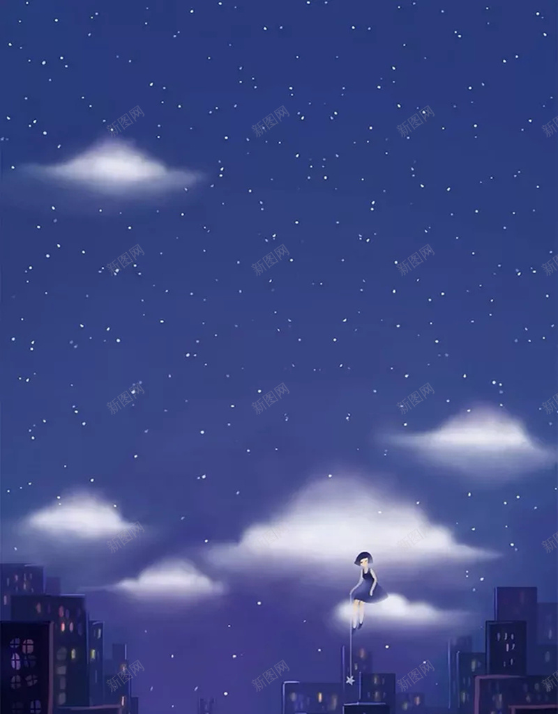 卡通插画海报背景psd设计背景_88icon https://88icon.com 小女孩 人物 卡通 插画 白云 云朵 星空 夜色 月色 建筑