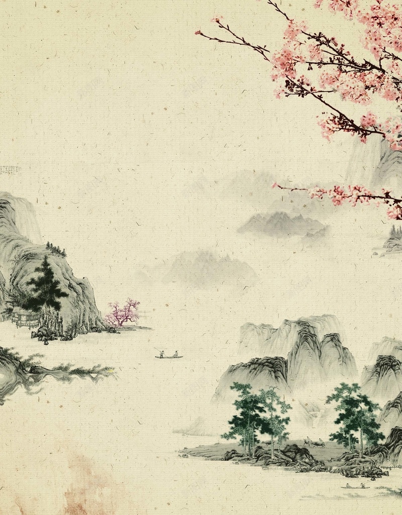 古典桃花山水海报背景模板psd设计背景_88icon https://88icon.com 古典 山水 海报背景模板 古典家居 水墨背景 桃花 水墨山水 国画 船夫 船