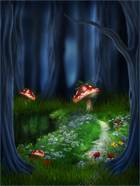 魔幻森林蘑菇童话背景背景