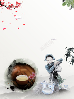 中国风手绘茶女花茶养生海报背景素材背景