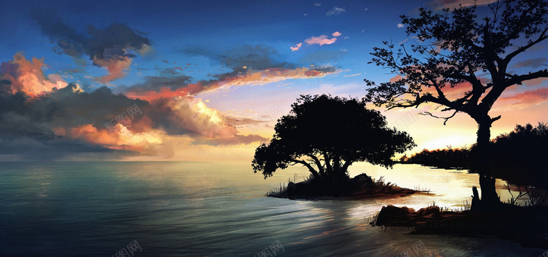 水彩风水中的树jpg设计背景_88icon https://88icon.com 水中的树 水彩风 海边 彩云 海报banner 摄影 风景
