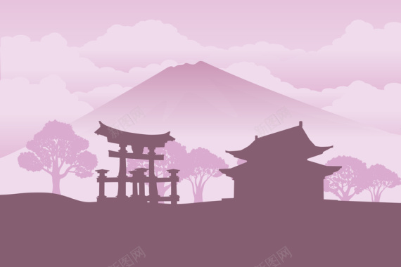 水彩卡通扁平日本日式寺庙剪影旅游背景素材背景