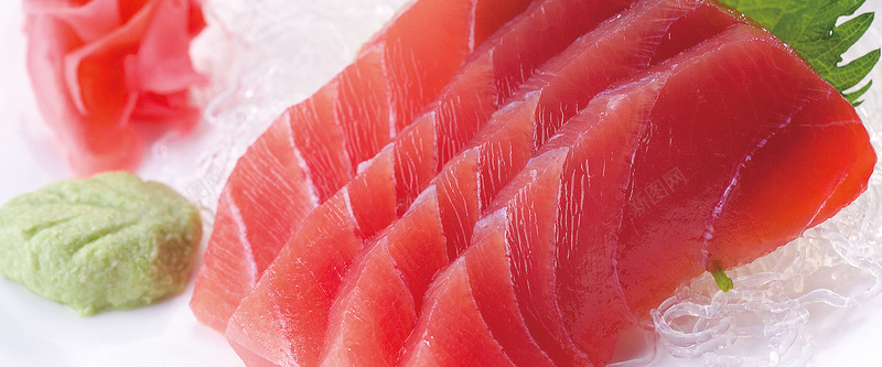 日本料理绿叶三文鱼冰块背景