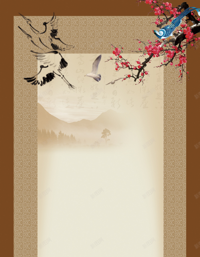 中国风水墨山水花鸟展板背景jpg设计背景_88icon https://88icon.com 中国风 水墨 山 迷雾 红梅 仙鹤 鸟 毛笔 本子 底纹