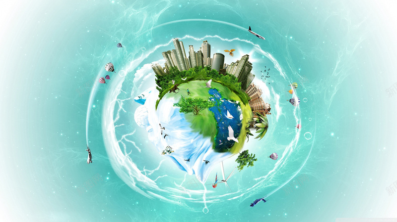创意合成地球jpg设计背景_88icon https://88icon.com 地球 建筑 绿树 飞机 鸟 水泡 云雾 热气球 水 创意 合成 蓝色背景