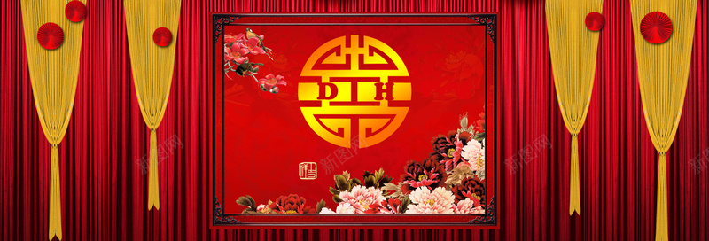 中式婚礼中国风几何红色banner背景背景