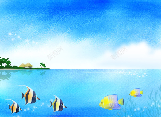 蓝色手绘热带鱼背景背景