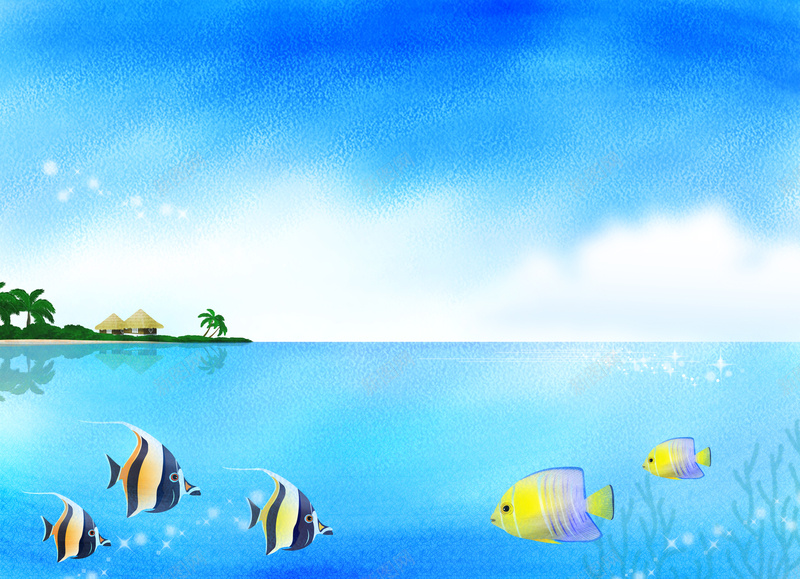 蓝色手绘热带鱼背景psd设计背景_88icon https://88icon.com 热带鱼 手绘 椰树 水草 蓝色 房屋 沙滩 天空 水彩 卡通 童趣
