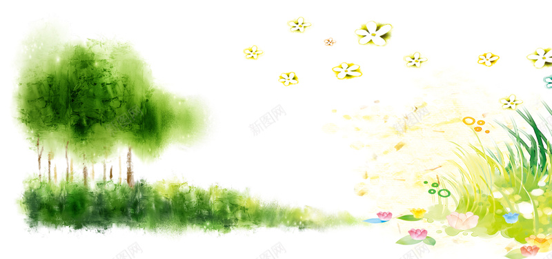 手绘的清新水彩画背景psd设计背景_88icon https://88icon.com 手绘画 水彩画 清新 绿色 花 水彩树 五叶花 小草 海报banner 卡通 童趣 手绘