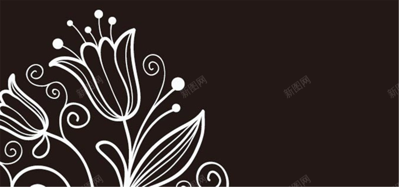 黑白花纹jpg设计背景_88icon https://88icon.com 叶子 曲线 白色 花朵 黑色 手绘 海报banner 卡通 童趣