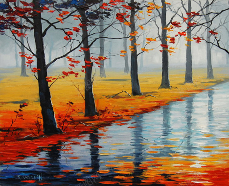 秋天河边油画背景背景