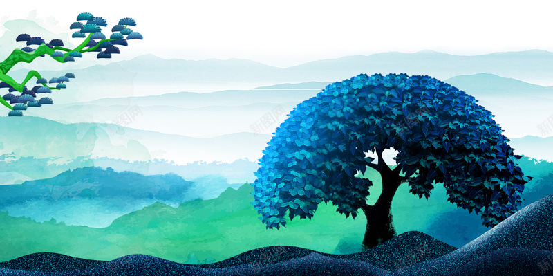 蓝色水彩手绘唯美乡村旅游海报psd设计背景_88icon https://88icon.com 乡村旅游 传统节气 水彩山树 唯美风景 水彩背景 淡彩手绘 泼墨背景 手绘背景 乡村旅游宣传