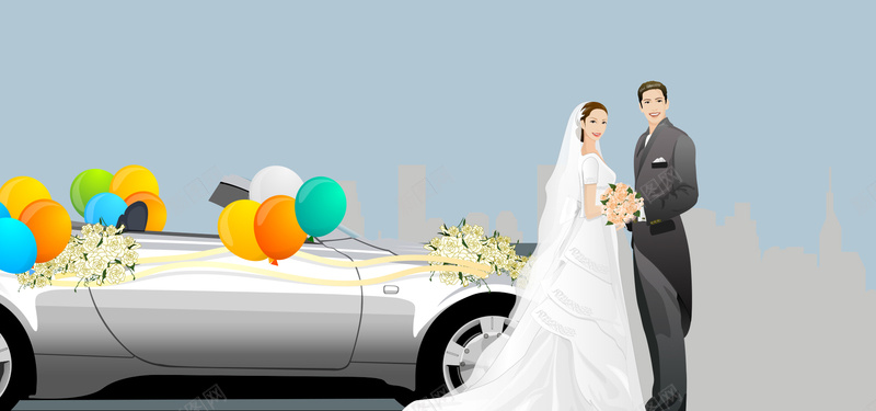 气球婚礼手绘灰色banner背景背景