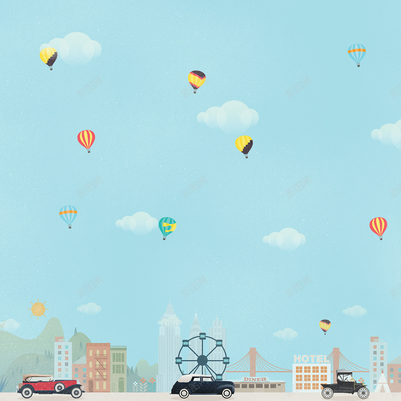 手绘蓝天氢气球楼房jpg设计背景_88icon https://88icon.com 手绘 卡通 蓝色 热气球 城市 汽车 背景 海报