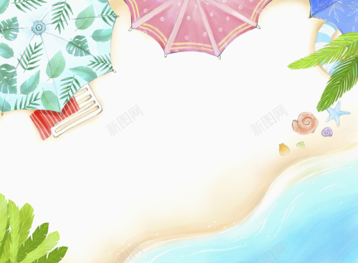 手绘夏日海滩风景平面广告背景