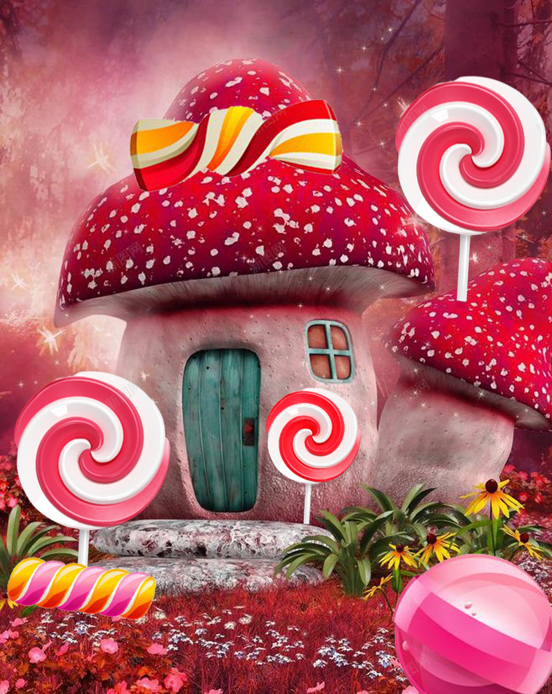 糖果屋外面的棒棒糖psd设计背景_88icon https://88icon.com 彩色 梦幻 棒棒糖 浪漫 渐变 甜蜜糖果屋 粉色 糖果屋 红色 蘑菇屋